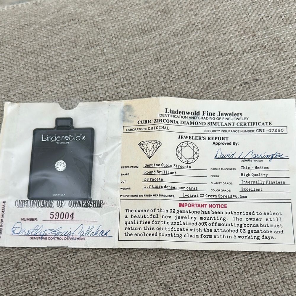 Vtg 1-Carat CZ Crown Spread 6.5MM Stone Lindenwold Jewelers with Certificate